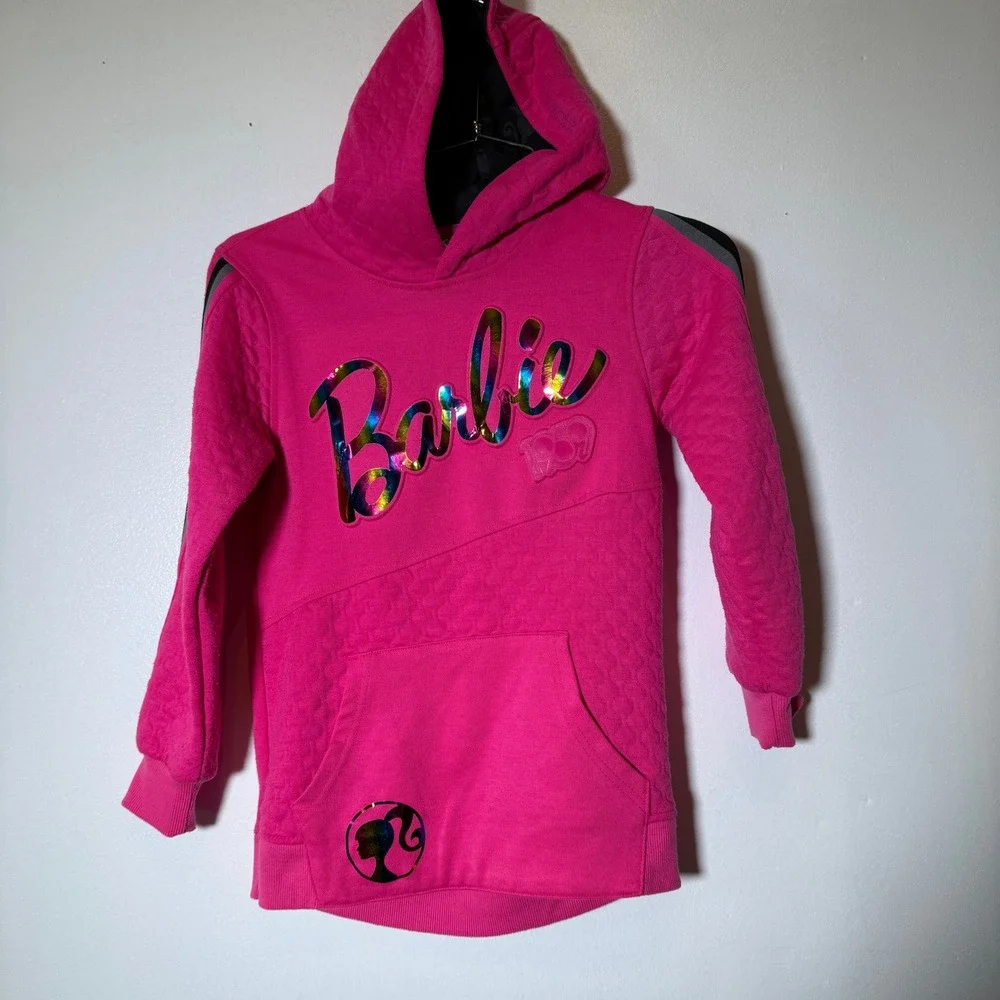Barbie Pullover Hoodie Girls M 8 Pink Quilted Metallic Logo Sporty Sweatshirt‎